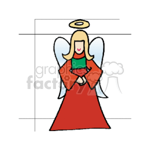 This clipart image features a simplistic representation of a Christmas angel. The angel is depicted with long, blonde hair, wearing a red robe with white outlines. The angel has blue wings and is holding a green book or hymnal, typically associated with singing Christmas carols. A golden halo floats above the angel's head, emphasizing its celestial nature.