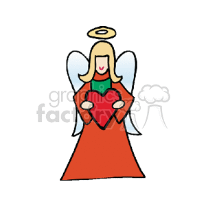 The clipart image depicts a stylized angel associated with Christmas themes. The angel has blonde hair, blue wings, and wears a red gown. She is holding a red heart, and above her head is a traditional halo.