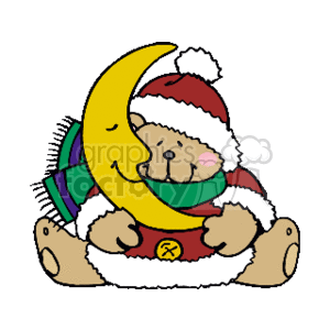 The clipart image depicts a teddy bear wearing a Santa hat and a colorful scarf. The bear is hugging a crescent moon, which also appears to be smiling and wearing a Santa hat. It is a festive, holiday-themed illustration, suggesting a cozy Christmas or holiday scene.