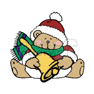 The image depicts a cute teddy bear wearing a Santa hat and a green scarf, holding a yellow bell. The bear appears to be smiling and sitting down.