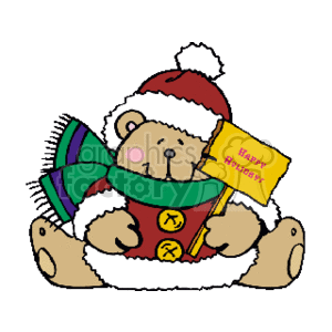 The clipart image shows a cute teddy bear dressed in Christmas attire, including a Santa hat and a green scarf. The bear is holding a flag with the message Happy Holidays! written on it, and it is wearing a suit that resembles Santa's outfit with three buttons on the front.