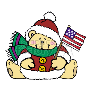 In the image, there is a cute teddy bear wearing a red Santa hat and a green and purple scarf. The teddy bear is holding a small American flag in its right paw. The teddy bear has a red coat with yellow buttons.