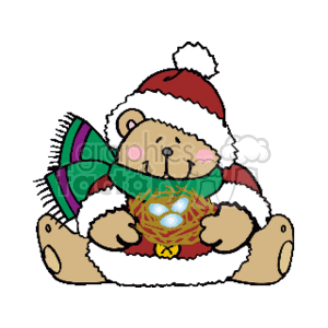 The image is a clipart illustration that features a cute teddy bear wearing a Santa hat and a Christmas-themed scarf. The bear is sitting down and holding a birds nest with eggs in 