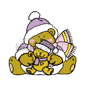 This clipart image features a cute teddy bear dressed in Santa-like attire with a Christmas hat, possibly indicative of holiday or Christmas themes. The teddy bear appears to be hugging a smaller bear or a teddy bear plush toy, adding to the festive and affectionate mood of the image.