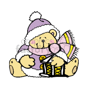 The clipart image shows a cute teddy bear wearing a purple and pink Santa hat, holding a gift wrapped with a ribbon. The teddy bear appears to be sitting and has a happy expression on its face, with a mix of purple and white coloring its body.