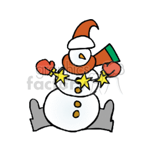 The clipart image features a cheerful snowman associated with winter or Christmas. It includes the following elements:
- A snowman with a rounded body
- A carrot nose
- A hat (looks like a Santa hat)
- A scarf around the neck
- Snowman is wearing gloves or mittens
- Snowman is holding stars, possibly decorative or indicative of joy or celebration
- Includes winter boots at the bottom
- Two buttons on the snowman's front