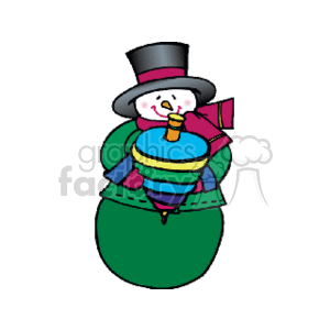 The clipart image features a colorful snowman dressed in winter holiday attire. The snowman is wearing a top hat and a scarf, has a carrot nose, and is holding an toy spinner. The snowman appears to be happy and is likely meant to represent a festive holiday spirit during the winter or Christmas season.