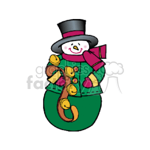 The image is of a cheerful snowman decorated for the Christmas season. It features a snowman with a happy expression, wearing a black top hat, a pink scarf, and green mittens. The snowman has a carrot for a nose and is surrounded by golden jingle bells. This festive snowman is indicative of the winter holiday spirit.