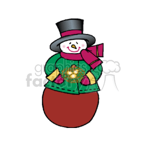 The clipart image features a cheerful snowman dressed for the winter holiday season. The snowman has a carrot nose, is wearing a top hat, scarf, mittens, and a green sweater embellished with what appears to be a nest containing eggs—though the presence of a nest with eggs is atypical for a snowman, presumably added for a touch of whimsy. The snowperson seems to be hugging the nest, suggesting a theme of care or warmth during the cold season.