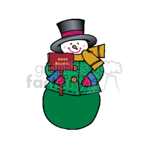 The clipart image features a cheerful snowman associated with the winter or Christmas season. The snowman is wearing a black top hat, a green winter jacket with red buttons, a yellow scarf, and purple mittens. It has a carrot for a nose and appears to be holding a book or card that reads Happy Holidays.