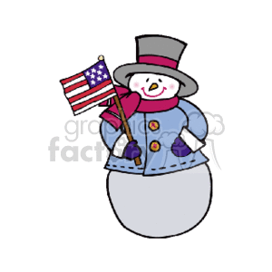 The clipart image features a cheerful snowman dressed for the winter holidays. The snowman is wearing a top hat, has a smiling face, buttons on its torso, and is holding an American flag.