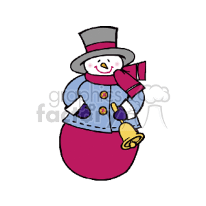 The clipart image features a festive snowman associated with the Christmas season. The snowman is wearing a top hat, has a warm-looking scarf wrapped around its neck, dons a coat with buttons, and is holding a bell in its hand, which is commonly used for celebratory purposes during the holidays.
