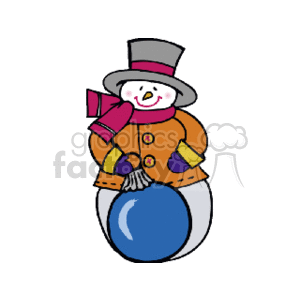 The clipart image depicts a snowman dressed in winter clothing. The snowman is wearing a top hat, has a smiling face, and sports a colorful jacket with buttons, a scarf, and gloves. It also holds a large blue ornament.