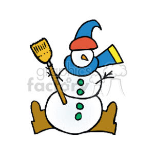 The image shows a colorful, cartoon-style snowman typical of winter or Christmas-themed decorations. The snowman has an animated appearance, with three round segments creating its body and head. It wears a blue hat with a red band and a yellow patch, a red scarf, and has a carrot nose indicated by an orange triangle (carrot). The snowman's arms are made of sticks, and it is holding a yellow broom with its left arm. 