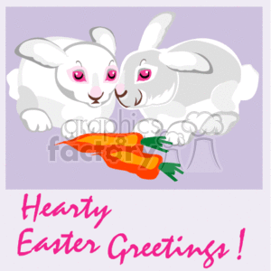 This clipart image features two white cartoon bunnies or rabbits with pink eyes facing each other, touching noses affectionately. Between them, they share a bunch of orange carrots with green tops. The background is a simple purple, and there is text at the bottom of the image that reads Hearty Easter Greetings! in pink cursive letters. The design conveys a festive Easter mood.