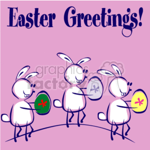 The clipart image depicts four stylized white bunnies with outlines that appear to be enjoying the Easter holiday. Each bunny holds an Easter egg: one green with red decoration, another bluish-purple with white decoration, one gray, and one yellow with pink decoration. The background is a pleasant shade of purple, and at the top of the image, the phrase Easter Greetings! is written in a playful, festive font.