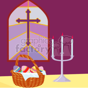 The clipart image displays a scene associated with Easter celebrations. There's a woven basket filled with decorated Easter eggs in the foreground, suggesting the tradition of an Easter egg hunt or gifting. In the background, there's a church window with a distinct cross design, indicating the religious significance of the holiday. Beside the basket is a candlestick with three lit candles, which may symbolize the Holy Trinity or the light of Christ in Christian tradition. The overall scene portrays a colorful and traditional Easter celebration with religious elements.