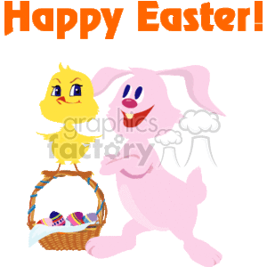 This clipart image features a cute pink Easter bunny with blue eyes, standing next to a yellow chick with blue eyes. Both characters appear joyful. The bunny is standing next to a woven basket with decorated Easter eggs inside. Above them, the text Happy Easter! is displayed in a playful orange font.