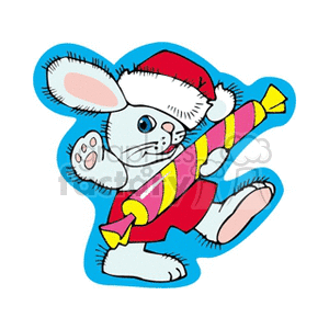 Christmas rabbit holding candy dressed in Santa Suit