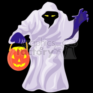 The clipart image features a ghost holding a pumpkin lantern. The ghost is depicted in a classic white sheet style with eye holes, one of which shines with yellow light, suggesting an eerie presence. The pumpkin lantern has a typical Halloween jack-o'-lantern carving with a smiling face.