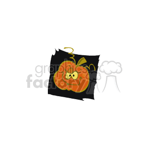 The clipart image shows a stylized cartoon pumpkin with a playful facial expression. The pumpkin appears to be cheerful with a big smile, and its eyes and mouth are cut out in a typical jack-o'-lantern fashion. It has a piece representing the stem on the top left, and there are a couple of leaves and what looks like a curly vine. The background is black, which makes the orange pumpkin stand out.