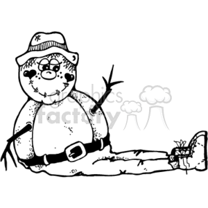 The clipart image depicts a country-style scarecrow. The scarecrow is wearing a hat and a long-sleeve shirt with a patch and has a friendly face with a stitched mouth and button eyes. It features straw sticking out from the scarecrow's arms and neck area, indicative of its straw-filled construction
