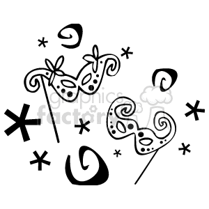 The image is a black and white clipart that features two decorative masquerade masks. They are designed with ornamental patterns including swirls and dots, and are attached to stick handles, suggesting that they can be held up to the face. The background has scattered abstract shapes and stars, adding to the festive appearance of the image.