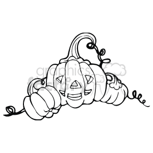 This clipart image features three Halloween pumpkins of varying sizes, with the central pumpkin carved into a jack-o-lantern with a friendly face. The pumpkins are connected by curvy vines with leaves, suggesting they may still be growing in a patch.