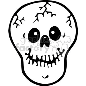The image is a simple black and white clipart illustration of a skull. The skull has characteristic features such as two empty eye sockets, a nasal opening, and stitched mouth, along with several cracks on the cranium. It represents a typical symbol associated with Halloween, often used in decorations to create a spooky atmosphere.
