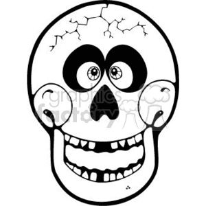 The clipart image features a stylized cartoon skull. The skull has large, exaggerated eye sockets with eyes, a prominent nasal cavity, a wide grinning mouth with teeth, and several cracks on the top of the skull, suggesting it's broken.