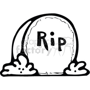 The clipart image depicts a Halloween-themed tombstone with the inscription RIP on it. The tombstone is arched, and there appear to be two patches or mounds of grass on either side of the base.