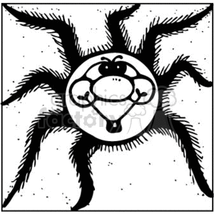 The clipart image shows a stylized, cartoon-like spider. The spider has a notable, distinctive feature: a human-like face on its abdomen, which adds a humorous or whimsical element to its appearance. The spider has eight legs radiating outwards, typical of spiders, and the image is in black and white with a speckled background, possibly to give it a textured or vintage look.