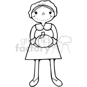 The clipart image displays a drawing of a character resembling a traditional doll. The doll is wearing a dress and an apron, and is holding a pumpkin, which gives it a thematic connection to both Halloween and Thanksgiving, possibly suggesting the image could be used for either holiday. The doll has button-like features and stitches, typical for a handmade rag doll.