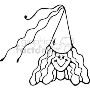The clipart image shows a simplified illustration of a character wearing a pointy hat and exhibiting long, wavy hair. The hat appears to be a classic style often associated with a princess or perhaps a fairy tale character, due to the conical shape. The character's face is depicted with a light-hearted, friendly expression, including two eyes, a nose, and a smiling mouth. Curved lines on the cheeks may indicate blush or added whimsy. 