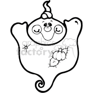 This image depicts a cartoonish ghost with a friendly or cute appearance. The ghost has a chubby shape, a smiling face with small eyes and a tiny mouth, and a curl on top of its head, resembling a lock of hair or a twirl. 