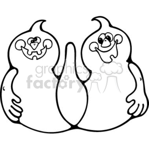 This image shows two cartoon-style ghosts with cheerful expressions. Each ghost has a friendly face giving them a playful and non-threatening appearance. The image has a simple black outline and is likely designed to be colored in, making it suitable for coloring activities related to Halloween.