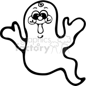 The clipart image shows a whimsical, cartoon-style depiction of a ghost. The ghost has a playful expression on its face, with two large eyes, swirling details, and its tongue sticking out to one side. It has its arms raised, as if to either scare someone playfully or greet them in a friendly manner.