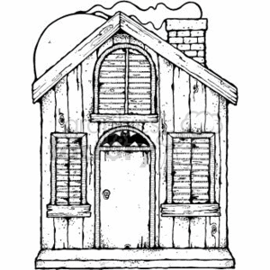 The image is a black and white clipart of a spooky, haunted-looking house that is often associated with Halloween themes. The house has a pointed roof with a chimney emitting a wisp of smoke, a central door flanked by closed shutters, and an arched window on the second floor that resembles a startled face, giving the house a ghostly character.