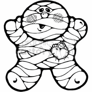 The clipart image depicts a cartoonish representation of a mummy. It appears to be designed in a cute, perhaps child-friendly manner rather than being genuinely scary. The mummy has eyes showing through the wrappings, a noticeable cartoon-style nose, and is holding a small heart with a patch on it. The wrappings are illustrated with lines showing the bandages crisscrossing over the mummy's body.