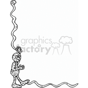 The clipart image depicts a mummy as part of a decorative Halloween-themed border. The mummy is shown walking with an exaggerated step and bandages unraveling, stylizing the border with a spooky yet playful vibe ideal for Halloween festivities.