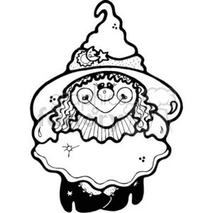 The image is a black and white clipart of a cute, cartoon-style witch appropriate for Halloween. The witch is depicted with a friendly face, a pointed hat adorned with stars and a crescent moon, curly hair, and typical witch's clothing detailed with stars and spider web designs.