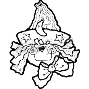 The clipart image depicts a stylized representation of a witch's hat for Halloween. The hat includes traditional elements associated with witches, such as stars and possibly ribbons or frills, giving it a festive look that relates to Halloween celebrations. The image is line art, likely meant for coloring or as a decorative graphic.