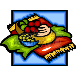 The image is a colorful clipart representation of various food items that are typically associated with the celebration of Kwanzaa. Visible are a bowl of fruits like grapes and bananas, an ear of corn, and what appears to be a squash or gourd. They are laid out on a table or fabric with a decorative border which might symbolize the African heritage and the rich cultural traditions celebrated during Kwanzaa.