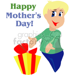 The clipart image depicts a scene related to Mother's Day. It includes a cartoon of a smiling child presenting a gift with a big red ribbon. The gift appears to be a surprise for a mother as indicated by the text Happy Mother's Day! above the child, suggesting a celebration of the occasion.