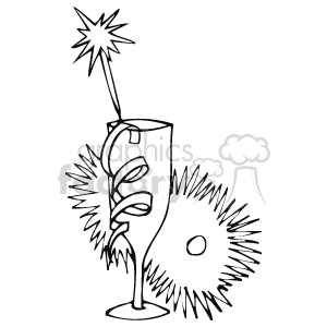 The image is a black and white clipart illustration of a sparkling wine glass with decorative elements such as a starburst at the end of a swirl attached to the glass, indicating celebration or festivity. There are also bursts of light or sparkle effects around the glass, which add to the celebratory theme of the image. This kind of imagery is typically associated with events such as New Year's Eve, birthdays, anniversaries, and other holidays or celebrations.