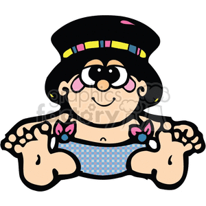 The clipart image depicts a cartoon baby wearing a party hat decorated with colorful stripes. The baby is wearing only a diaper tied up with bows. The baby has a cheerful expression, rosy cheeks, and is looking straight ahead.