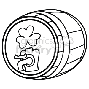 The clipart image features a horizontal barrel with two bands around it. On the front of the barrel is a three-leaf clover, also known as a shamrock, which is a symbol commonly associated with Saint Patrick's Day and Irish culture. The barrel has a tap at the bottom and appears to be designed for serving beer, which ties into the celebratory theme of Saint Patrick's Day when beer is often consumed.