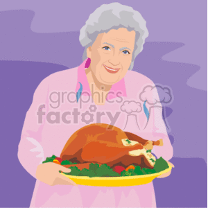 The clipart image features an elderly woman with gray hair, smiling as she holds a large, cooked turkey on a platter. She is dressed in a pink blouse with earrings, and the background is a simple purple shade. The turkey appears to be garnished with green herbs or vegetables, suggesting a festive meal, likely for a special occasion like Thanksgiving.