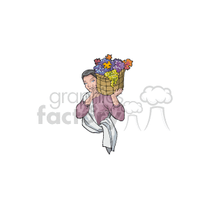 The clipart image depicts a lady holding a basket full of fruit and autumn leaves, suggesting a Thanksgiving theme. She is wearing a purple top and a white scarf, with an expression of contemplation or decision-making.