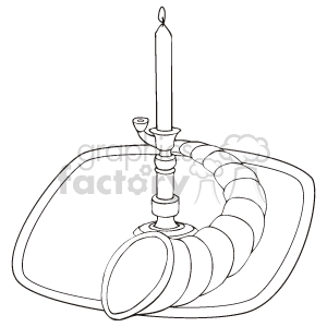 The clipart image shows a candle holder with a single lit candle attached to it. The candle holder appears to be placed on a plate or flat surface, and there is a decorative spiral element, possibly a cornucopia, also known as a horn of plenty, which is a symbol often associated with Thanksgiving.
